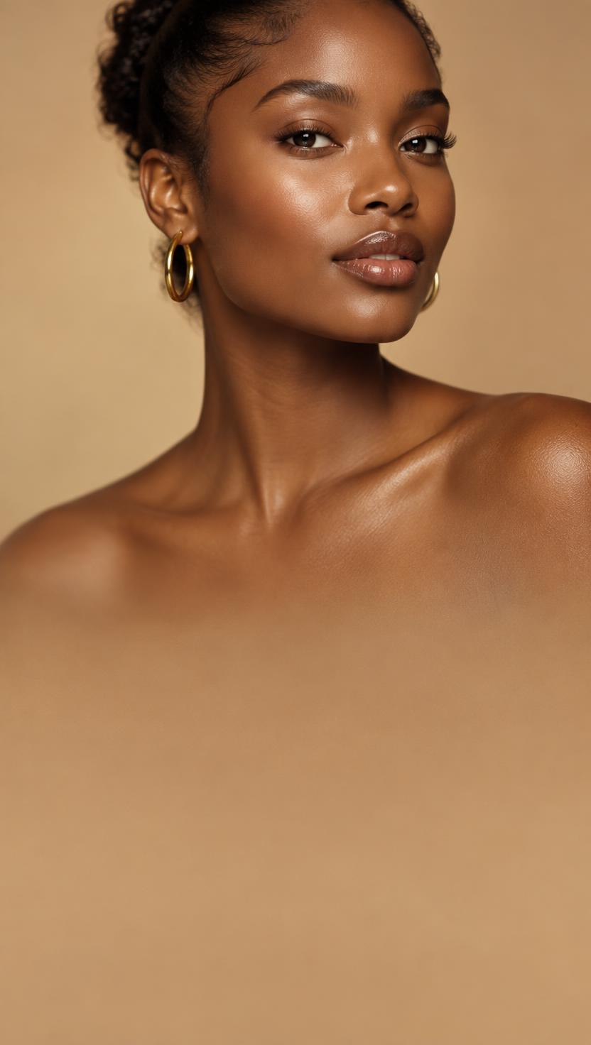 Woman with glowing skin, gold hoop earring