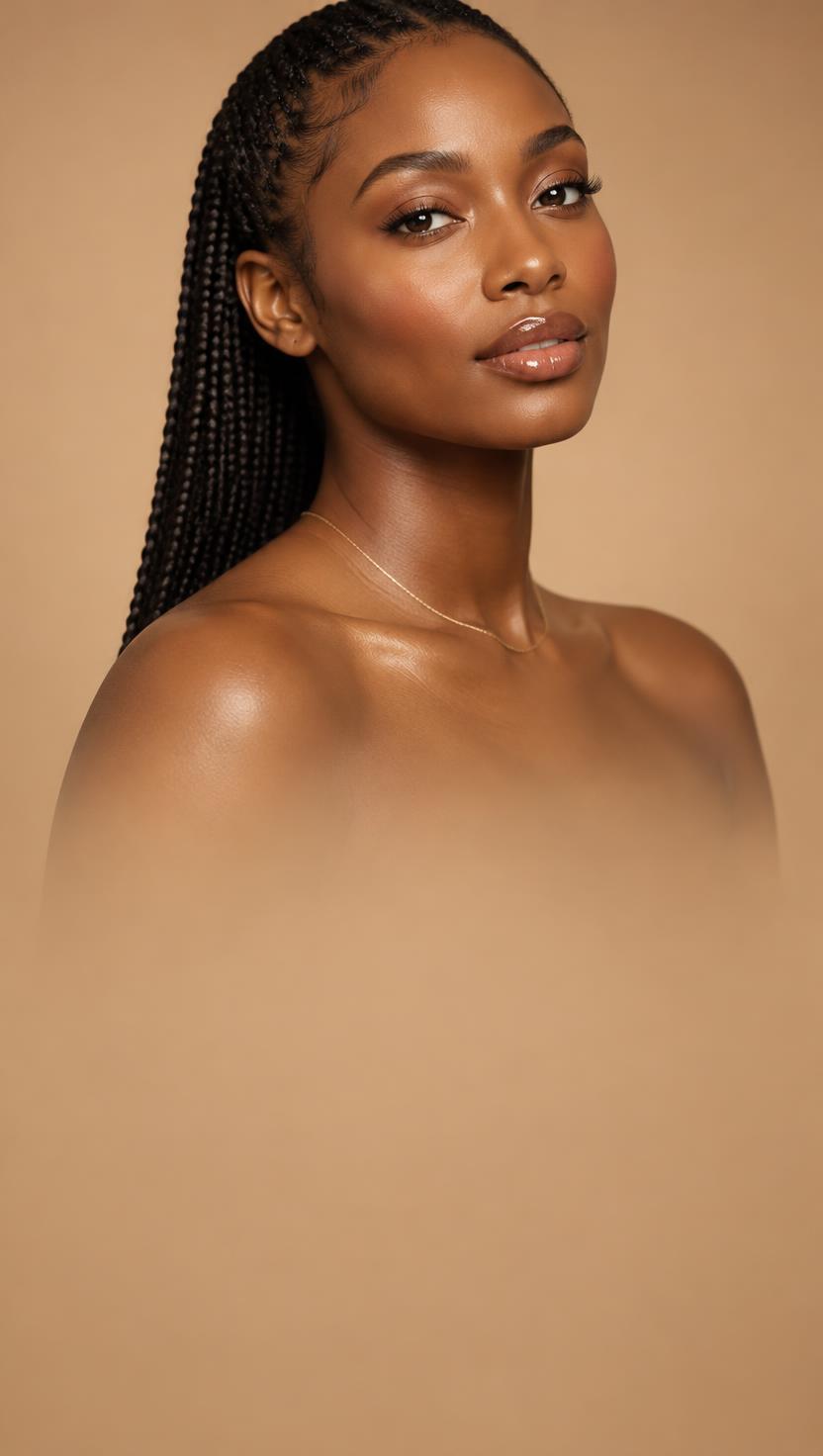Woman with glowing skin, gold hoop earring